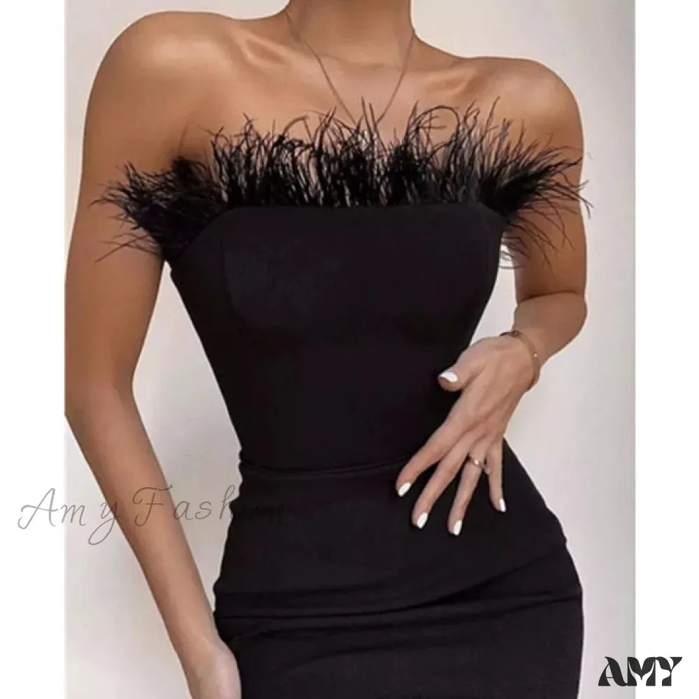 Amy Fashion - Sexy Strapless Backless Feather Black Midi Dress