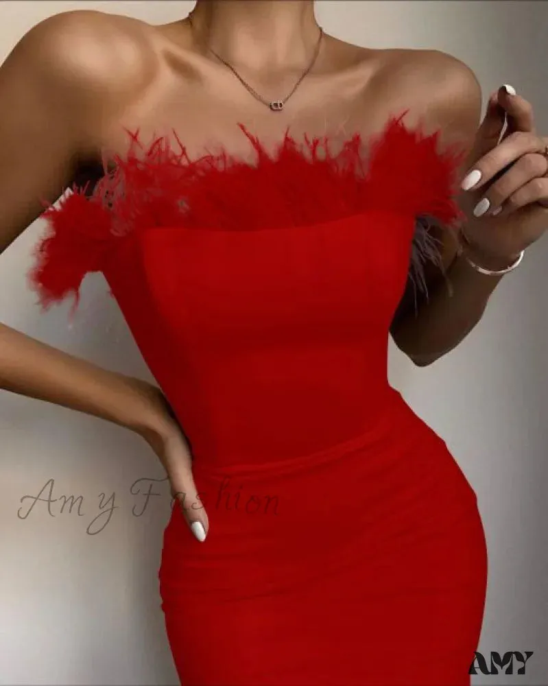 Amy Fashion - Sexy Strapless Backless Feather Black Midi Dress