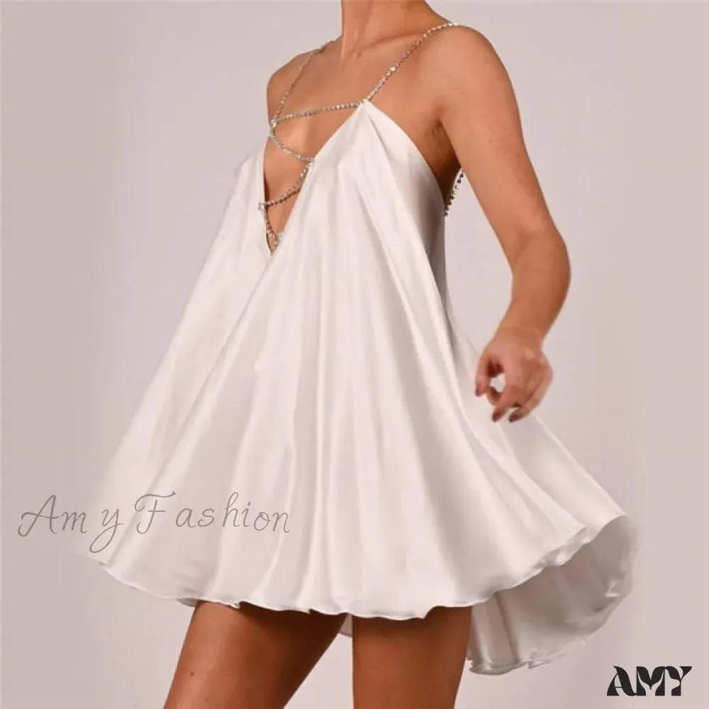 Amy Fashion - Solid Hollow V-neck A-line Mini Flared Dress