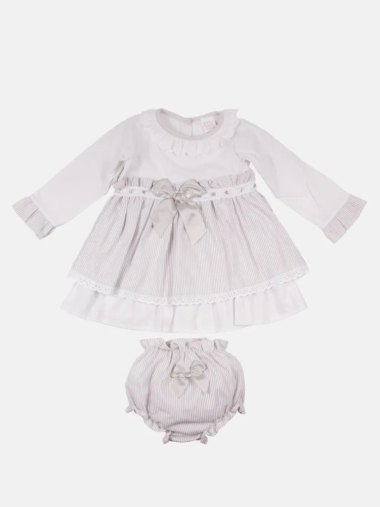 Baby Girl Eva Stripped Dress With Bow and Knickers - Grey/Silver