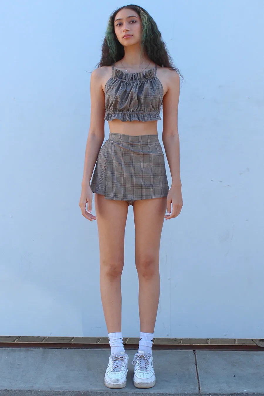 Backless Ruffle Top - Beige Plaid