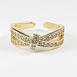 Beautiful Crossover Micro CZ Open Adjustable Gold Tone Brass Ring