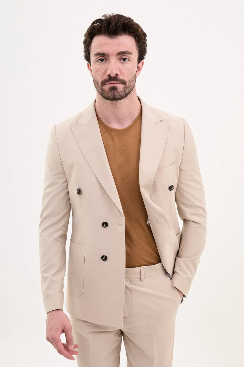 Beige Slim Fit Double Breasted Suit for Men | GentWith
