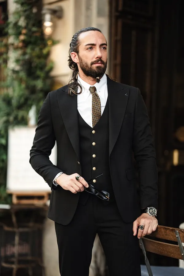 Black Slim Fit 3 Piece Peak Lapel Suit for men by GentWith