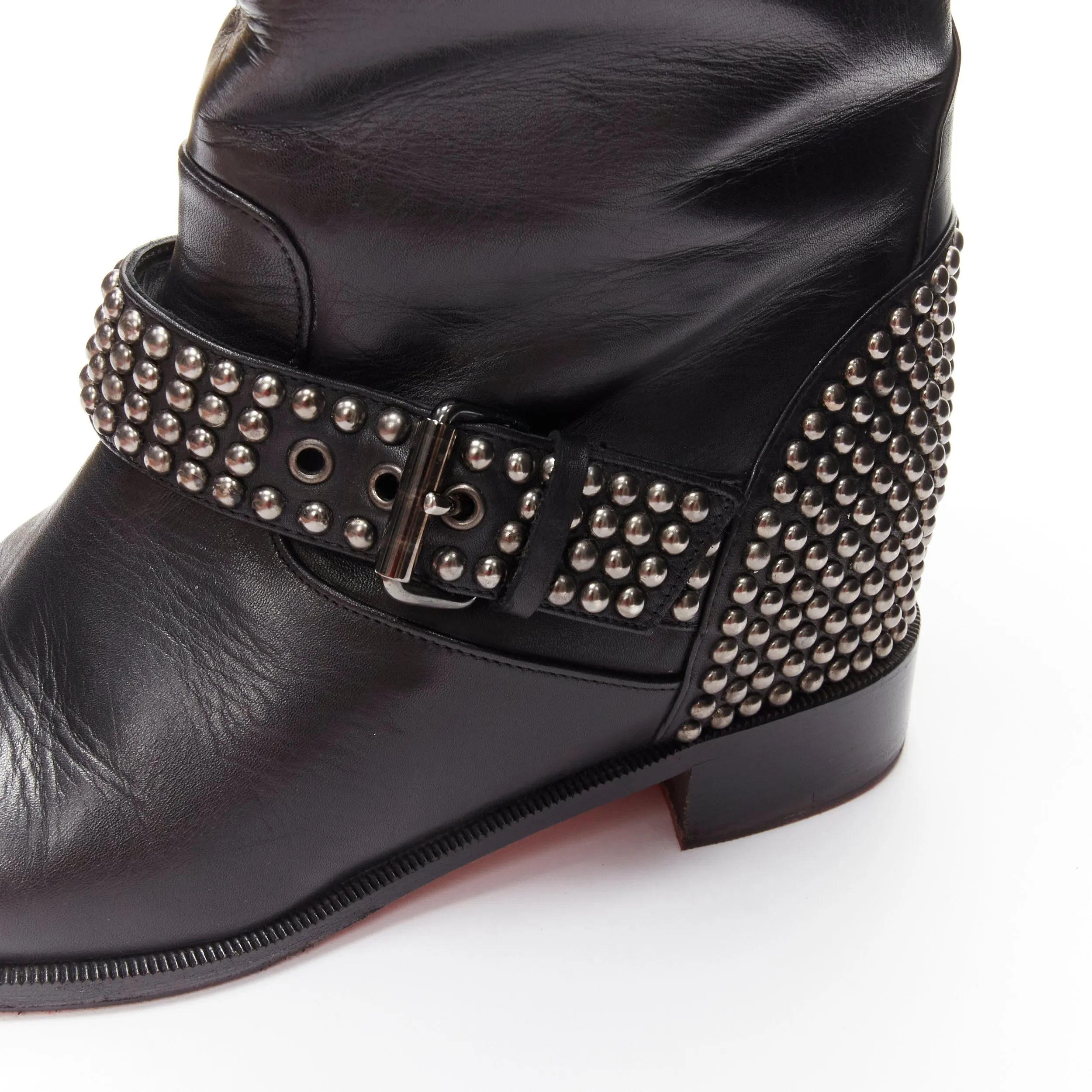 CHRISTIAN LOUBOUTIN Bicloubutu black spike studded buckle wedge boots EU37.5