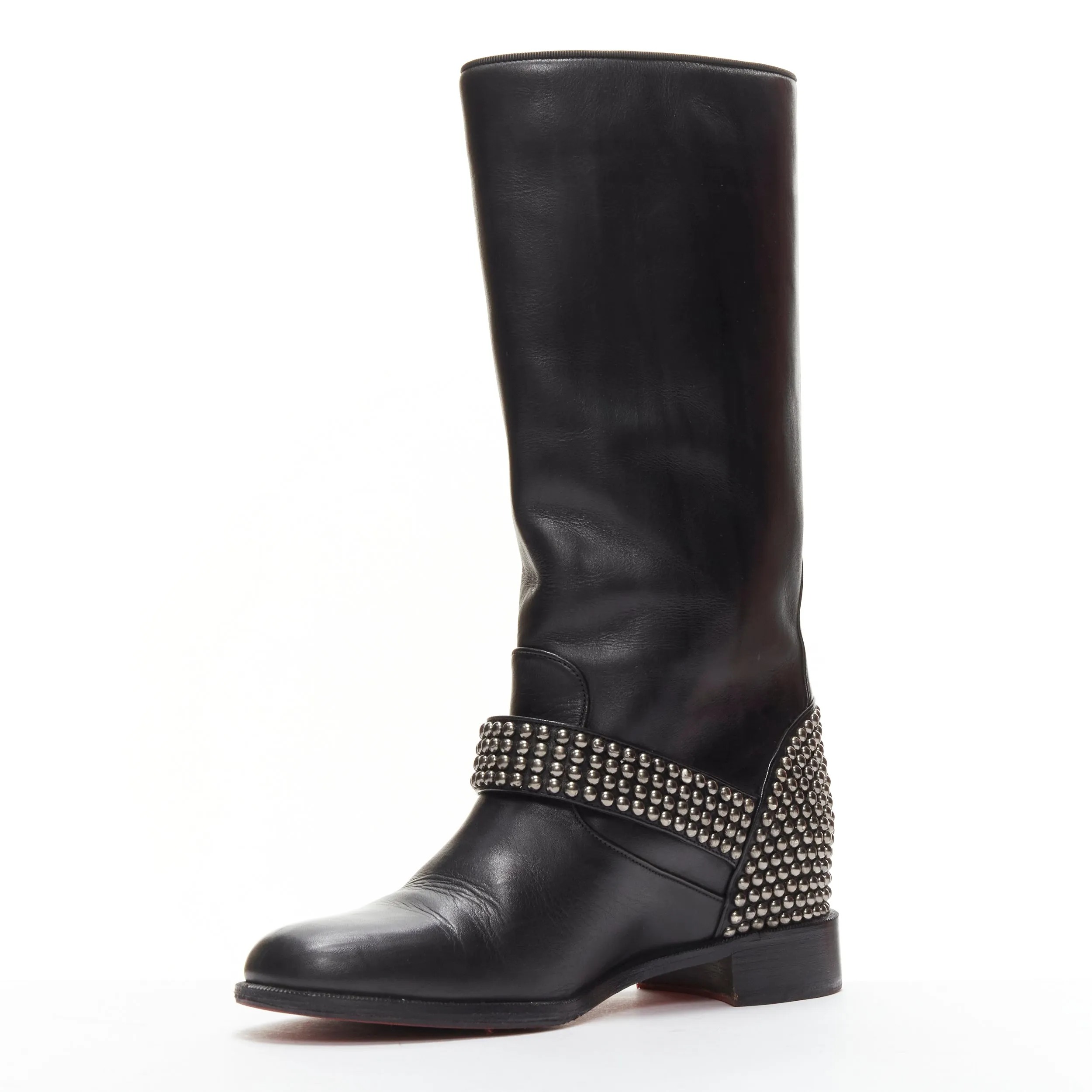 CHRISTIAN LOUBOUTIN Bicloubutu black spike studded buckle wedge boots EU37.5