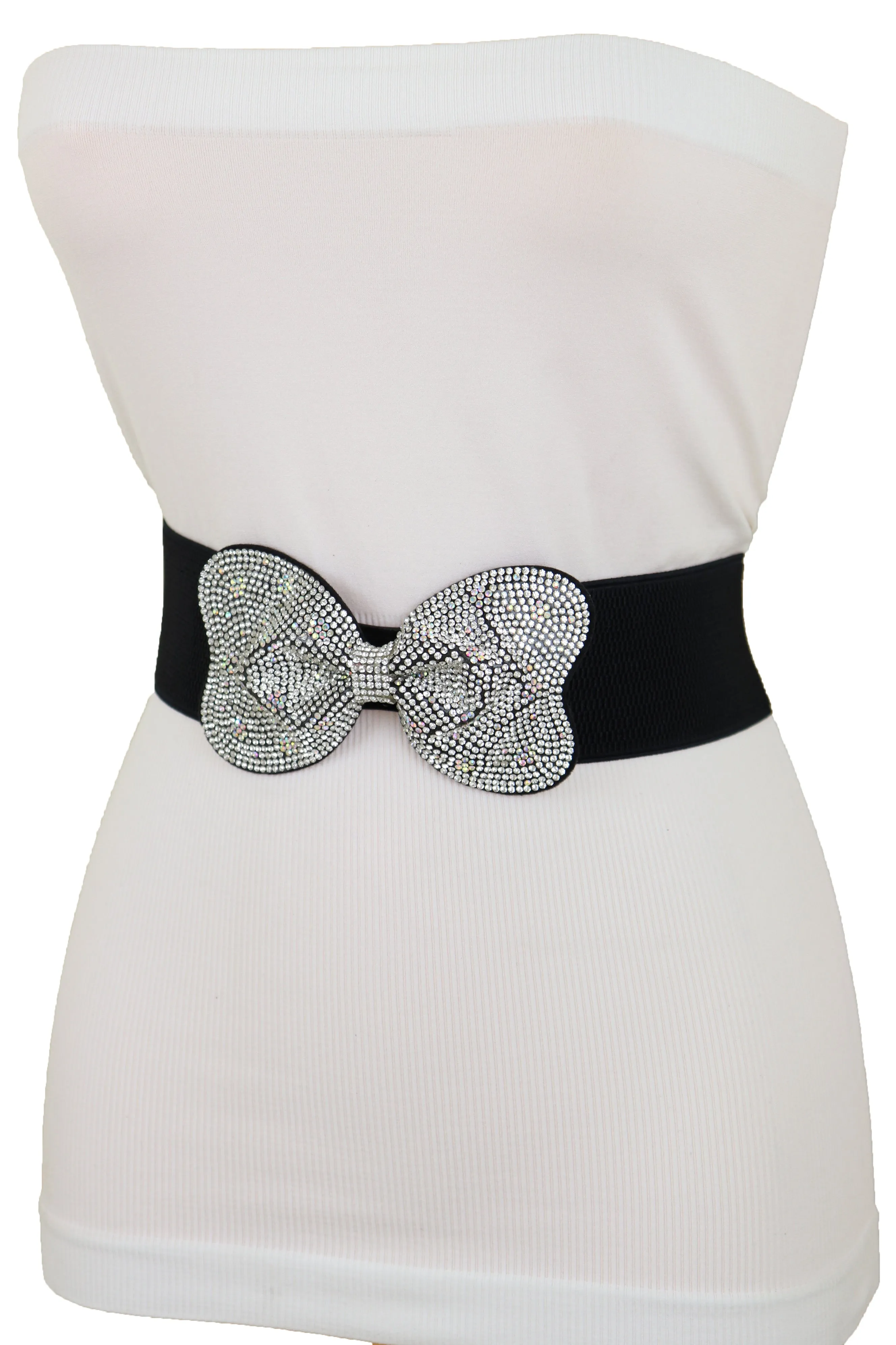 Evening Fashion Belt Black Elastic Waistband Bow Tie Bling Buckle S M L