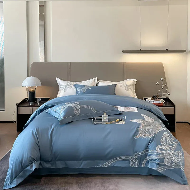 Flytonn-100% Egyptian Cotton Luxury Butterfly Embroidery Wedding Bedding Set 100% Cotton Duvet Cover Flat/Fitted Bed Sheet Pillowcases