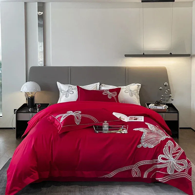 Flytonn-100% Egyptian Cotton Luxury Butterfly Embroidery Wedding Bedding Set 100% Cotton Duvet Cover Flat/Fitted Bed Sheet Pillowcases