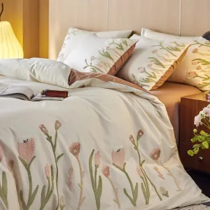 Flytonn-80S Long Staple Cotton Chic Tulip Towel Embroidery 4Pcs Bedding Set Queen King Duvet Cover Set Flat/Fitted Bed Sheet Pillowcases