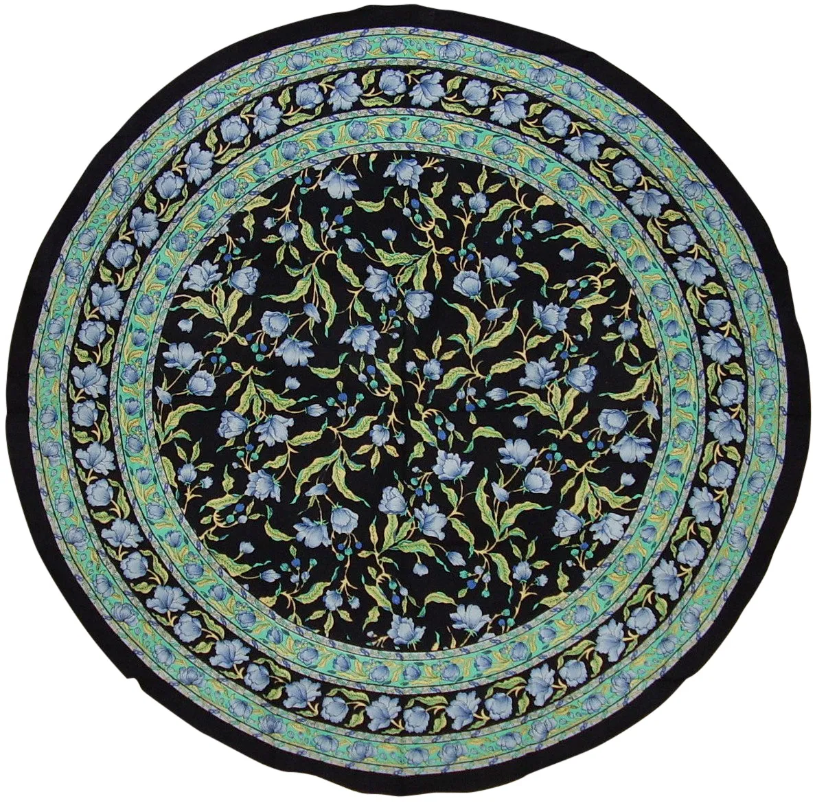 French Floral Round Cotton Tablecloth 70" Blue on Black