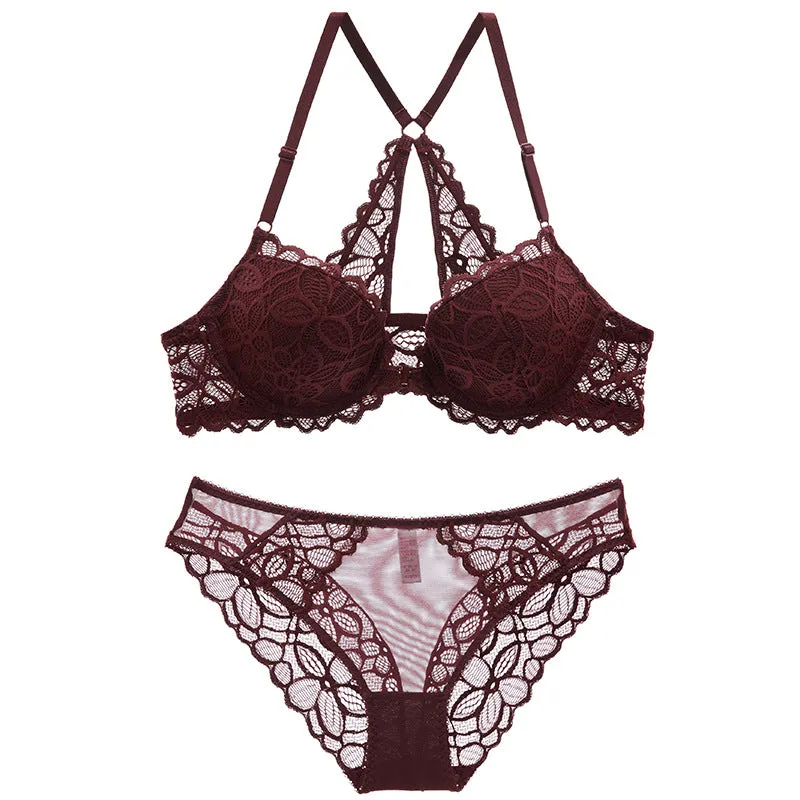 Front button lace bra set for women, thin, beautiful back, pure desire push-up, side breasts hollow bra set
