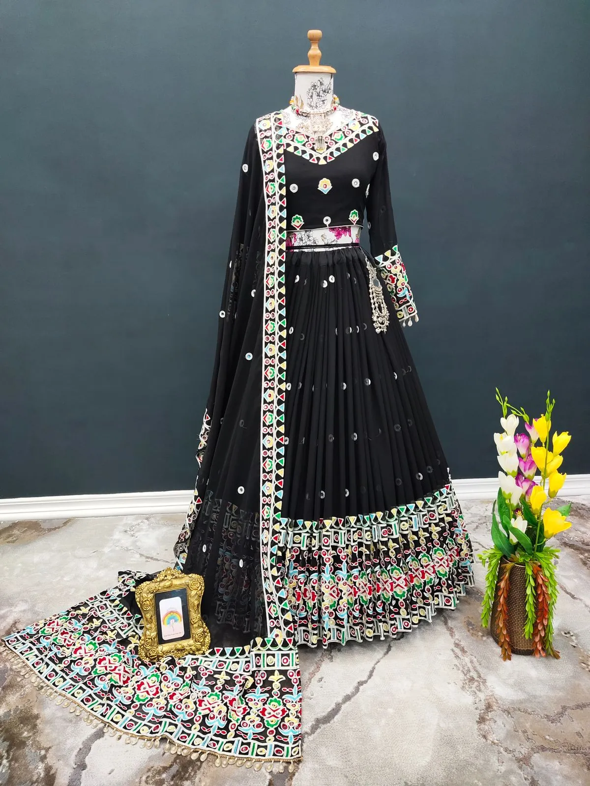 Gorgeous Black Color Mirror Embroidery Work Lehenga Choli