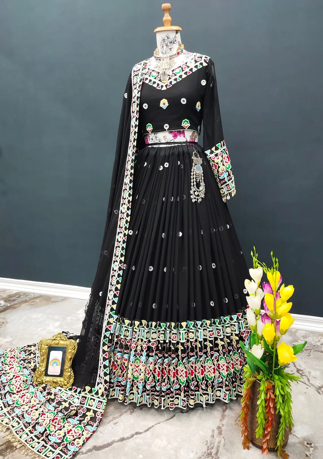 Gorgeous Black Color Mirror Embroidery Work Lehenga Choli
