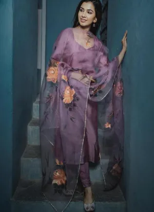 Gorgeous Lavender Color art Silk Base Pant Style Suit