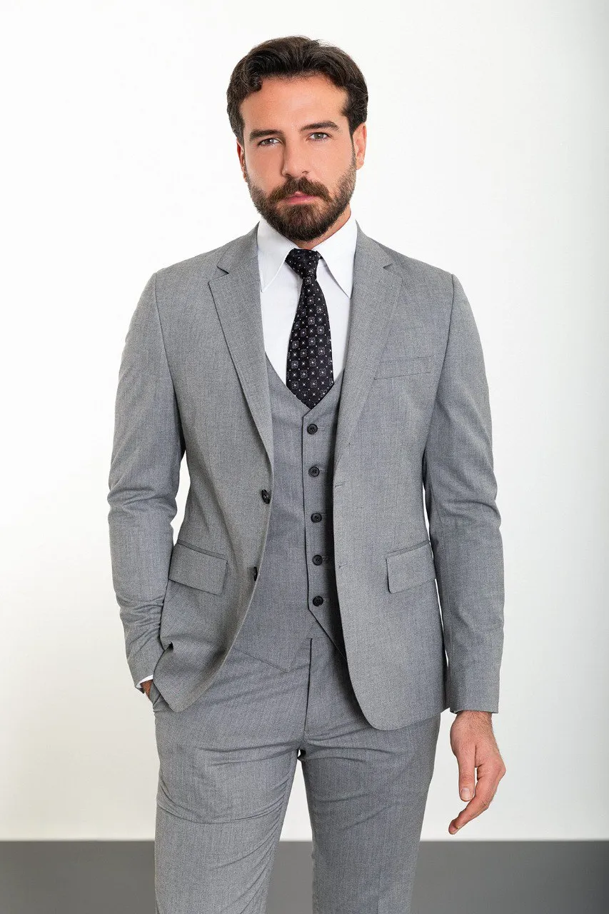 Gray Slim Fit Notch Lapel 3 Piece Suit for Men | GentWith