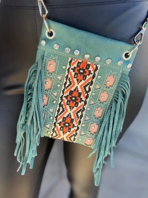 Kelsea Teal Aztec Rhinestone Chic Fringe Versatile Bag