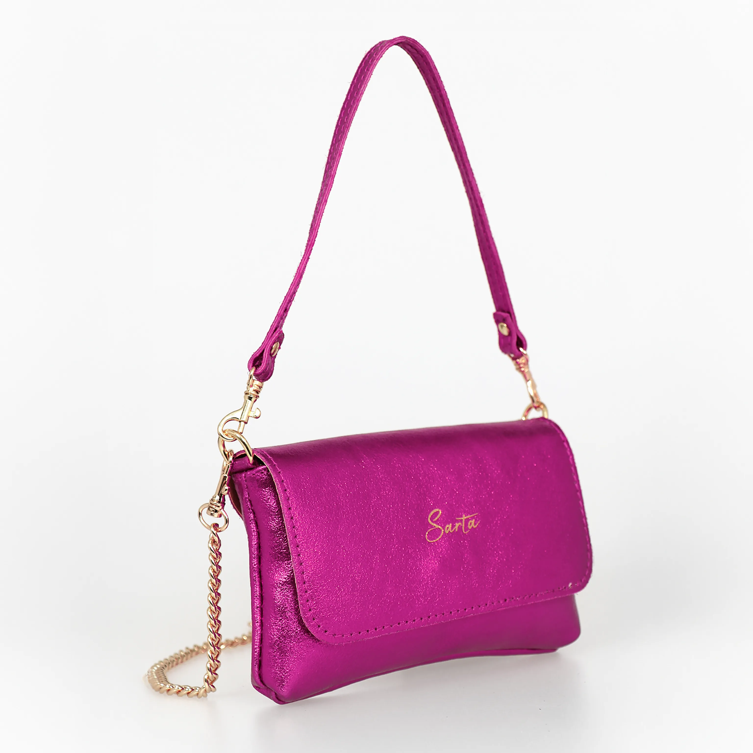 Olga - Italian Leather Mini Crossbody Bag - Raspberry, Metallic