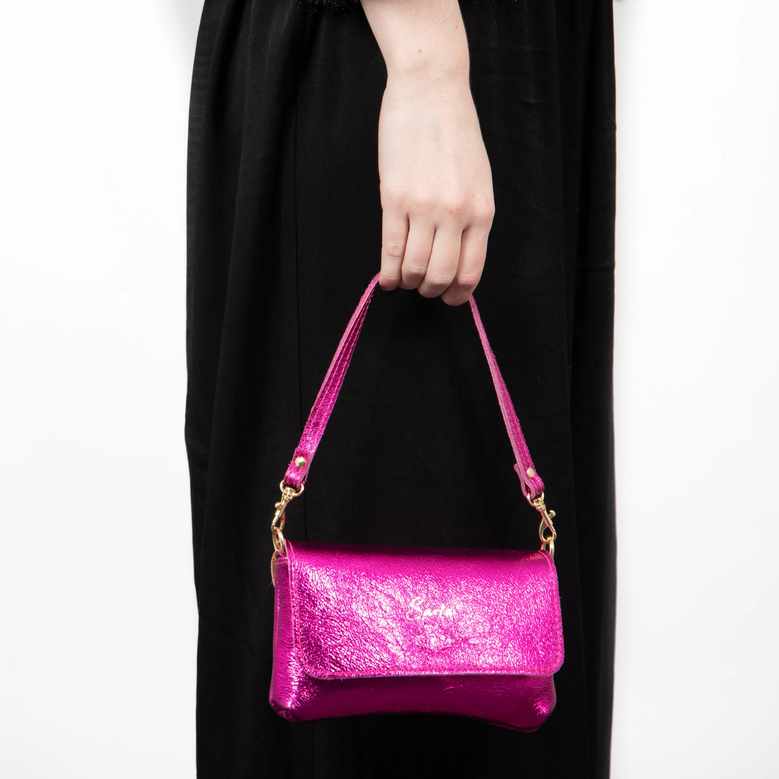 Olga - Italian Leather Mini Crossbody Bag - Raspberry, Metallic