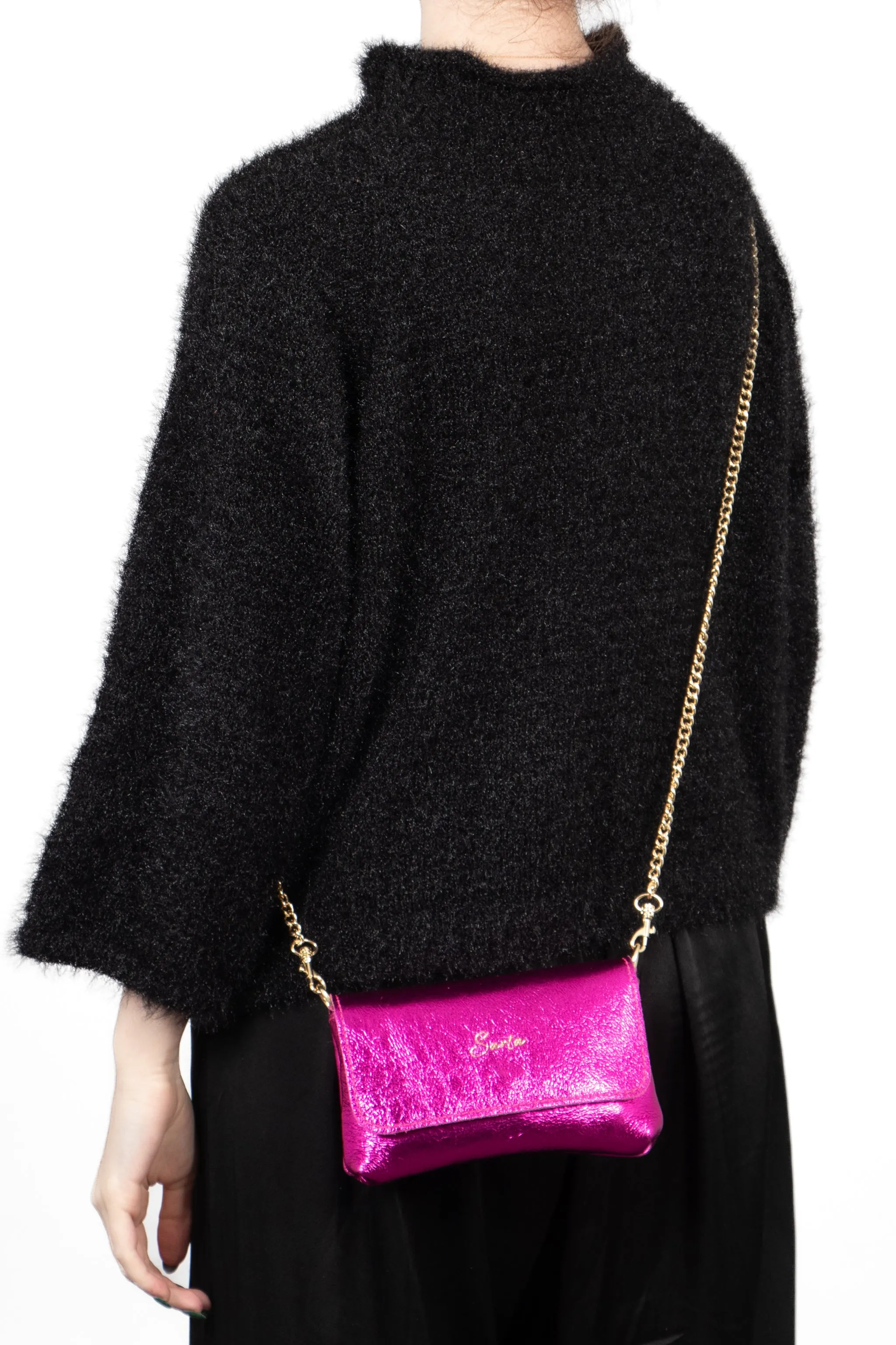 Olga - Italian Leather Mini Crossbody Bag - Raspberry, Metallic