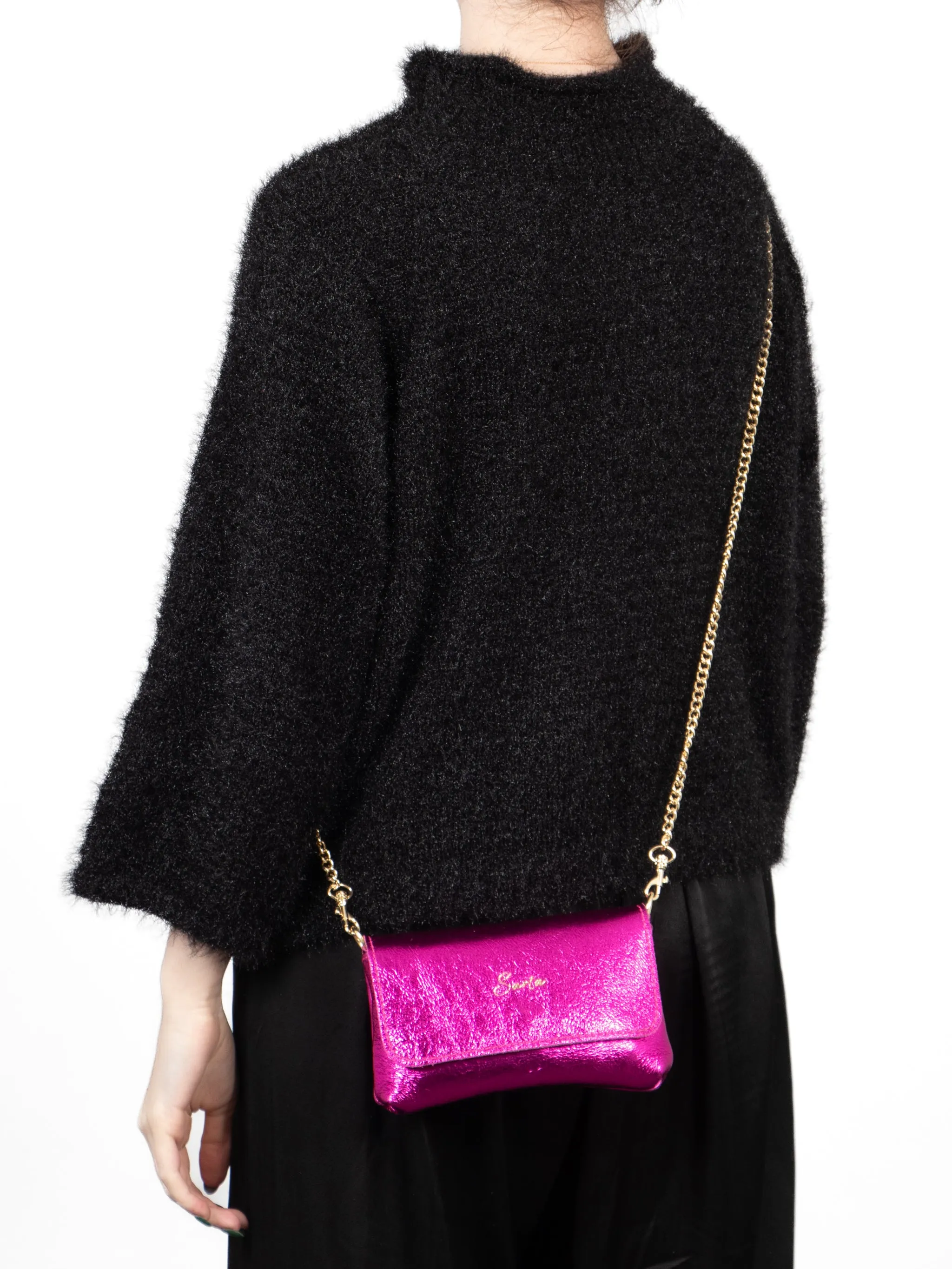 Olga - Italian Leather Mini Crossbody Bag - Raspberry, Metallic