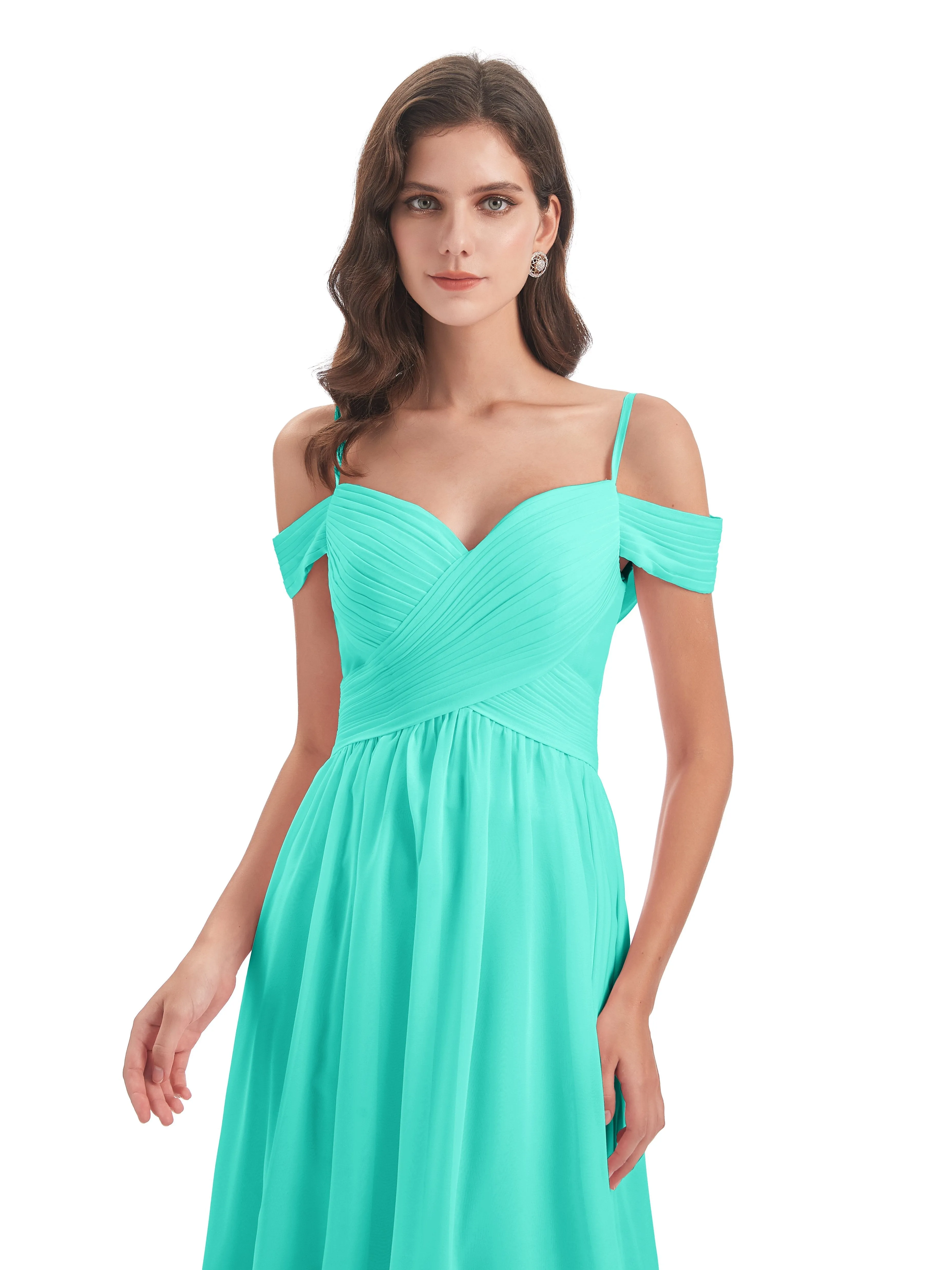 Spa Color Bridesmaid Dress Gorgeous Chiffon Off The Shoulder Long Bridesmaid Dresses