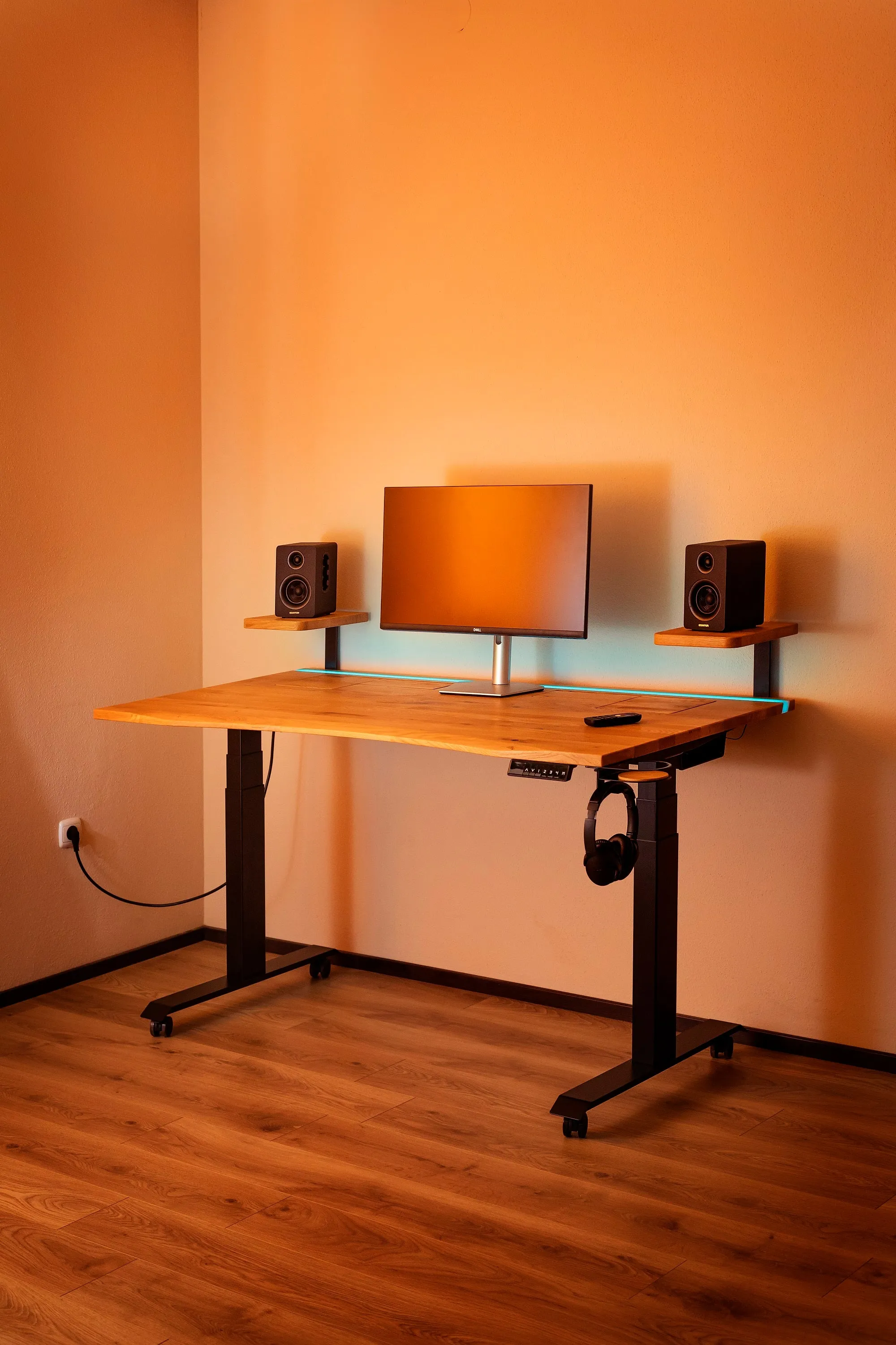 Walnut standing desk with extended cable management unit