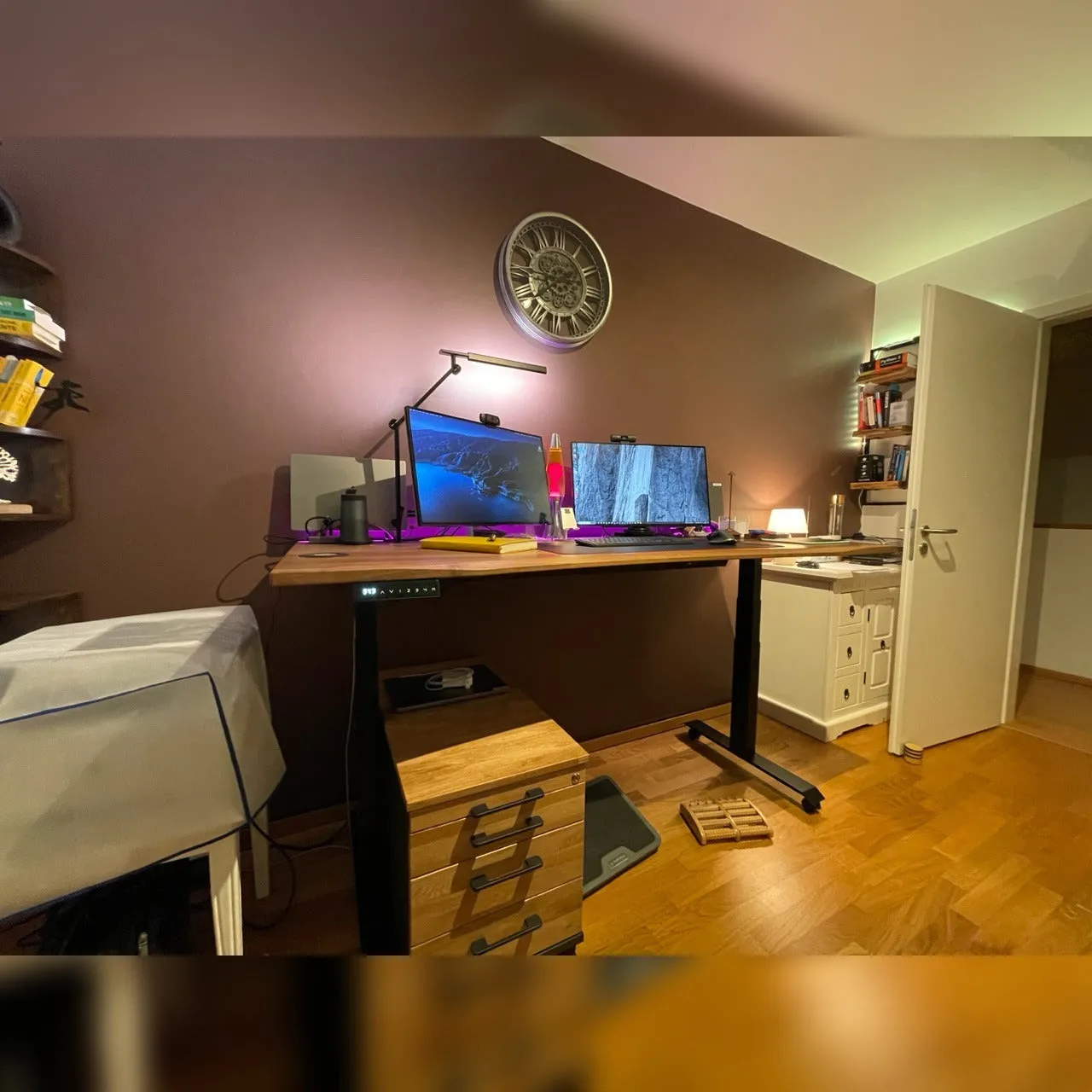 Walnut standing desk with extended cable management unit
