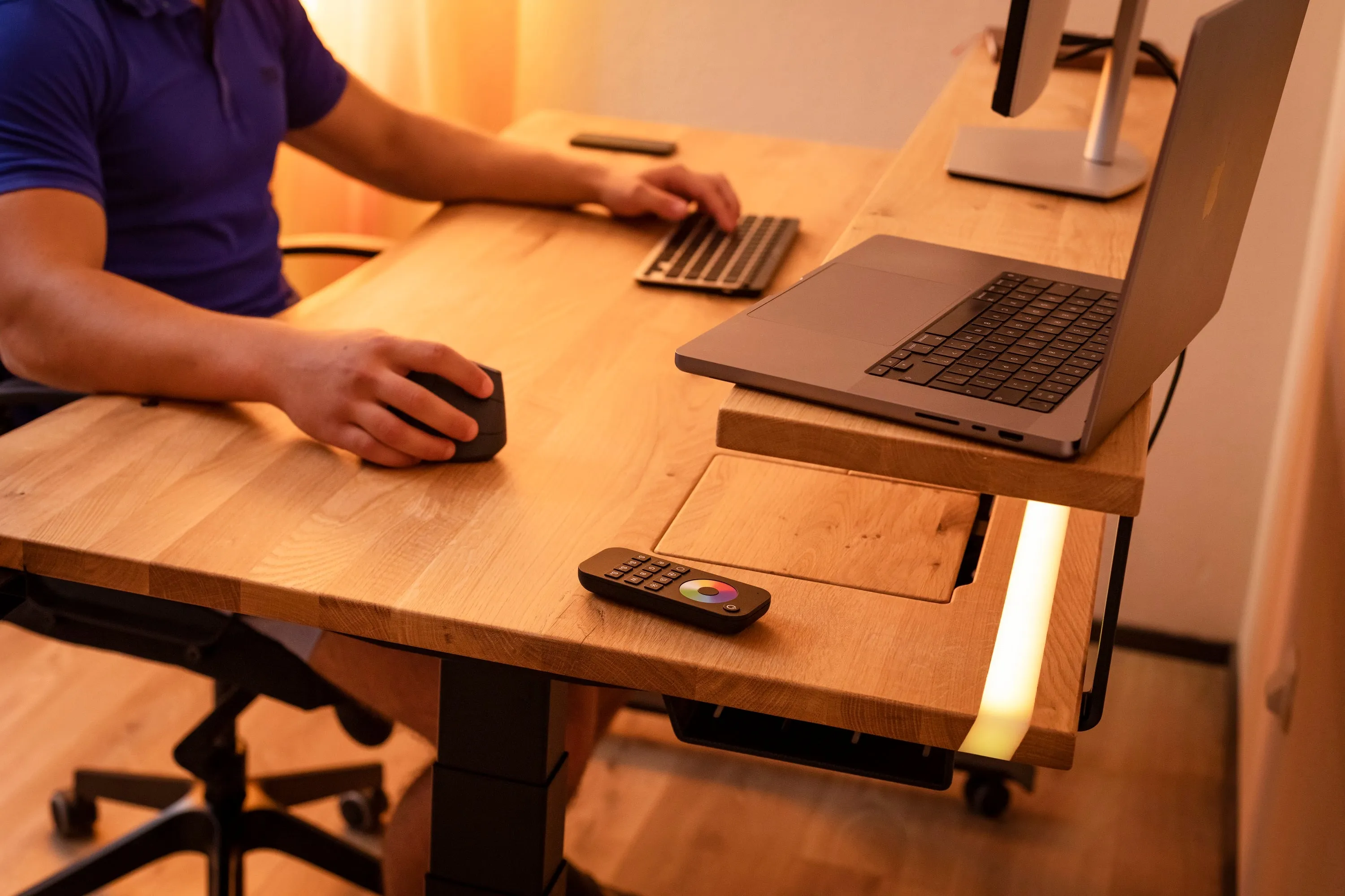 Walnut standing desk with extended cable management unit