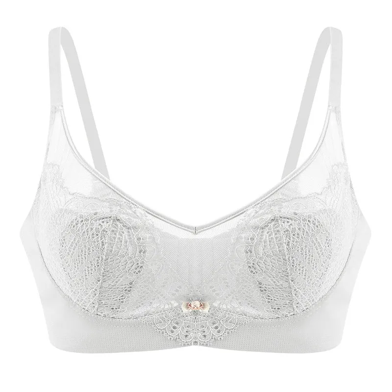 Women Crystal Cup Bra Ultra-Thin Sponge-Free Wire-Free Lace Bunny Ears Large Breasts Slim Adjustable Bra