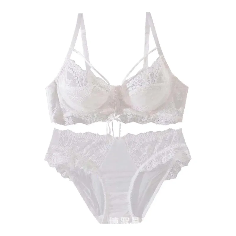 Women Summer Thin Underwear Big Breasts Small Side Closing Non-Slip Bra Set